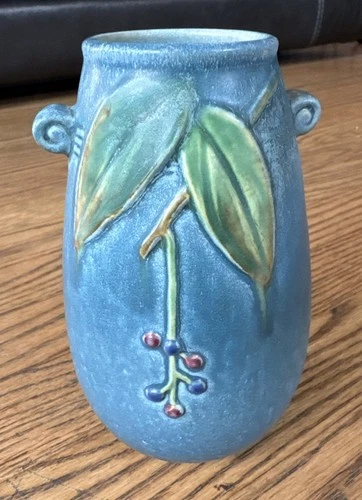 Vintage Weller Cornish & Berries Art Deco 6” Vase Signed Blue Stout Pottery Euc