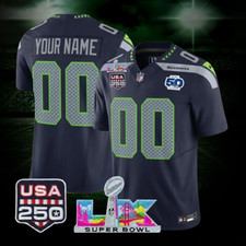 Custom Seahawks College Navy Super Bowl LX 250th Patch Stitched Jersey All Sizes
