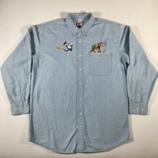 Vintage Looney Tunes Warner Bros Shirt Mens Medium Blue Chambray Embroidered 90s