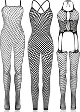 3 Packs Women Fishnet Bodysuits Mesh BodyStocking Fishnet Lingerie Long Sleeve B