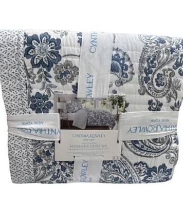 Cynthia Rowley Blue And White Floral Full/Queen Quilt Set 88 x92 