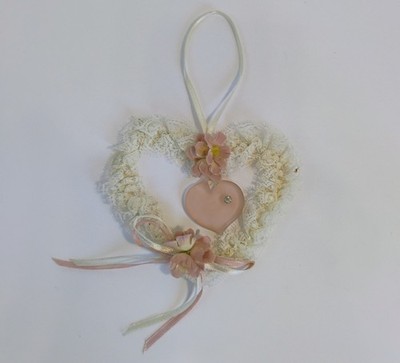 Pink & White Handmade Lace Heart On Wire With Jeweled Heart Bead Ready 2 Hang 