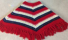 Vintage 60s 70s Poncho Red Wht Blue Handmade Crochet Granny Fringe Hippie Boho 