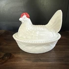 New ListingVtg 6" High Westmoreland Milk Glass Hen on Nest Covered Dish, Red Comb and Eyes