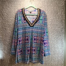 La Blanca Swim Cover Up Tunic Multicolor Deep V Neck Bead Accent Large Nylon