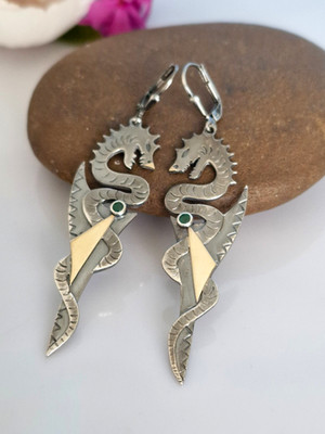 Phantastische große Designer Ohrringe Silber 925, Gold 750, Smaragd