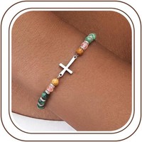 Armband Edelstahl Verstellbar Perlenarmband Mit Naturstein Kreuz FüR Damen