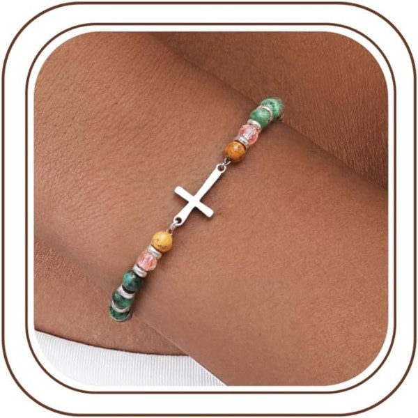 Armband Edelstahl Verstellbar Perlenarmband Mit Naturstein Kreuz FüR Damen-image