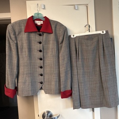 Christian Dior Plaid Pure Wool Skirt Suit Set Jacket & Skirt Gray Red Size 12