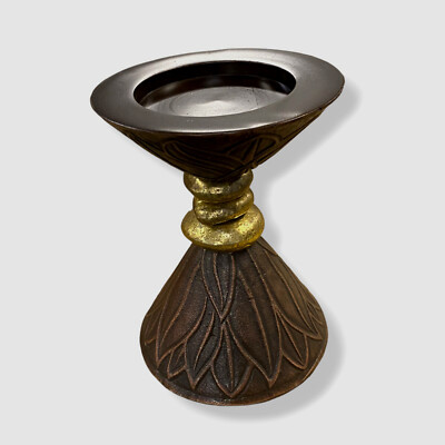 $151 William D Scott Brown Gold Large Leaf C/H Bronze Pillar Décor Candle Holder