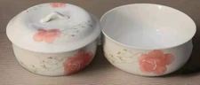 Set Of 2 Vntg Hand Painted Chinese Ceramic Serving Bowls/1 has Lid- Pink Flowers