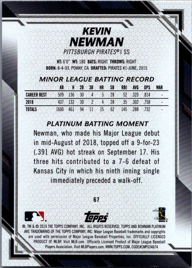 2019 Bowman Platinum #67 Kevin Newman RC Pittsburgh Pirates | eBay