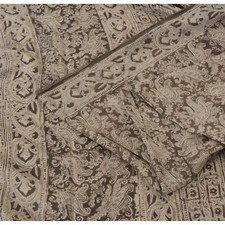 Sanskriti Vintage Gray Sarees Pure Cotton Hand Printed Kalamkari Sari 6Yd Fabric