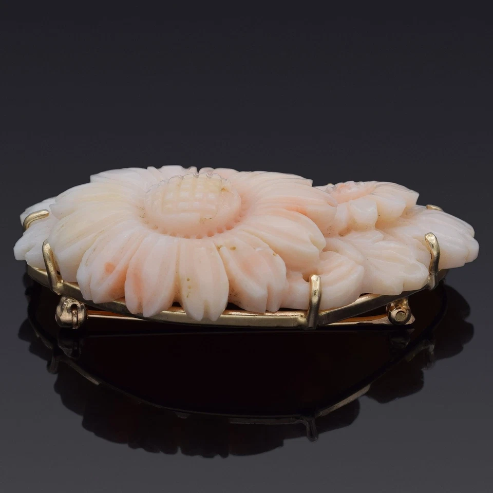 Antiguo broche prendedor tallado floral coral piel de ángel de oro amarillo de 14 quilates Foto 2 de 4