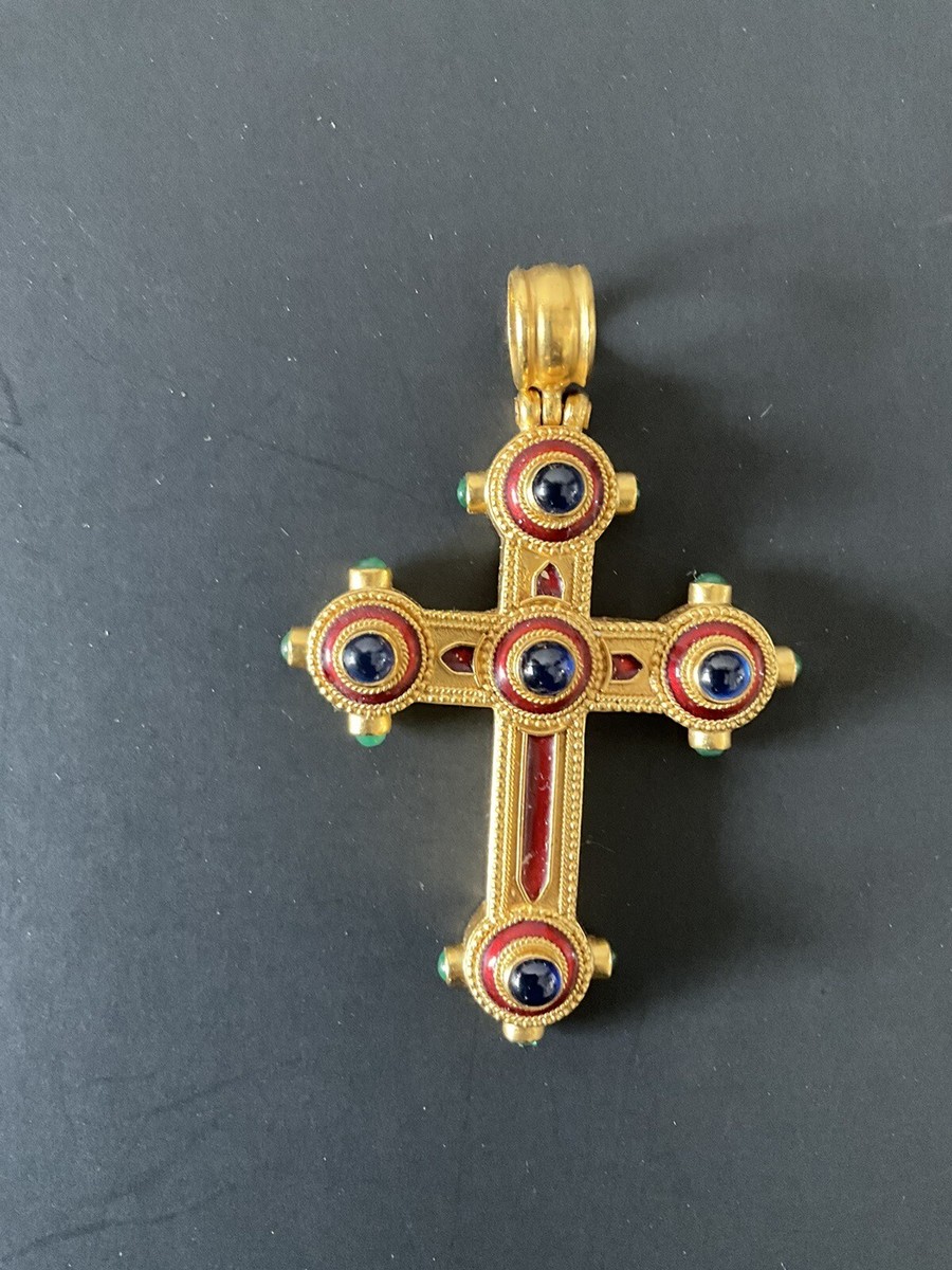 LALAOUNIS RARE VINTAGE BYZANTINE CROSS 18K W/SAPPHIRES EMERALDS And ENAMEL 25.1g LALAOUNIS RARE VINTAGE BYZANTINE CROSS 18K W/SAPPHIRES EMERALDS And ENAMEL 25.1g