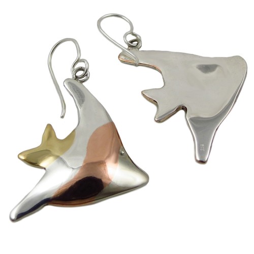 925 Sterling Silver Fish Earrings Quality Mixed Metal Angelfish Large Drops - Picture 5 of 6