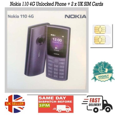 Neues Nokia 110 4G entsperrtes Handy + 2 x UK SIM-Karten - kompaktes Funktionstelefon