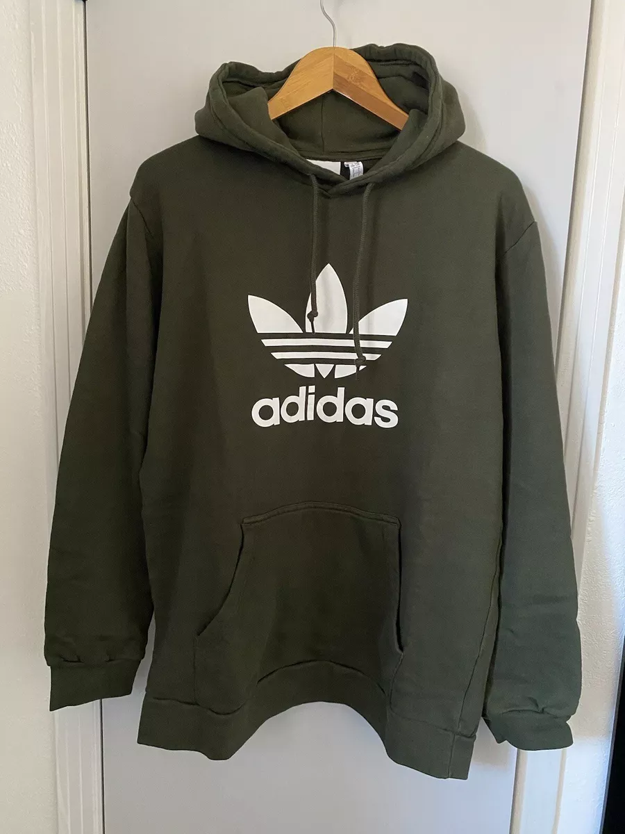 Adidas Pullover Hoodie Mens Size Large Green White Logo Long Sleeve Cotton