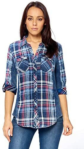 Women shirt top Denim Cotton button down Plaid checkers Ci Sono PTP39 NEW - Picture 18 of 18