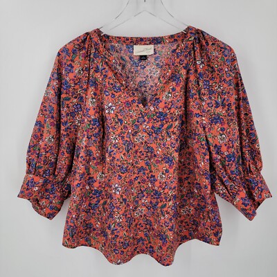 Universal Thread Blouse Womens Large Orange Coral Floral Peasant Top Boxy Fit