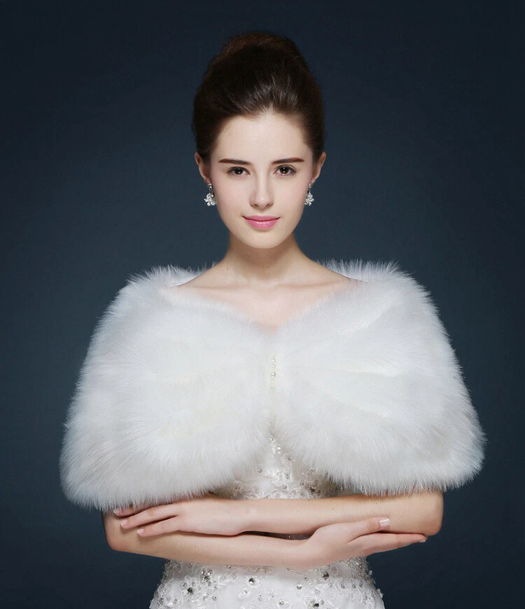 New White Faux Fur Wrap Jacket Bolero Shawl Shrug Cape Bridal Wedding