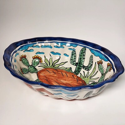 Vintage Handmade M. Mora Mexico Pottery Cactus Bowl