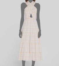 $495 Ulla Johnson Women's Pink Check Noelle Halter Cutout A-Line Dress Size 0