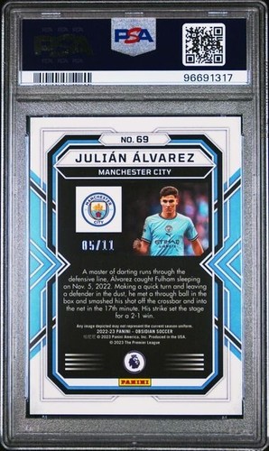2022-23 Panini Obsidian #69 RC Julian Álvarez Grabado Blanco Pulsar 5/11 PSA 9 POP 1 - Imagen 2 de 2