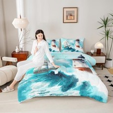 Comforter Set,Lighthouse Sailing Boat Bedding Set 3pcs for Kids Queen Nautical