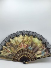 XB –Éventail Ancien Scène Galante Dentelle Noire Style Watteau