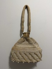 Vintage White Beaded Gold Clutch Pearl Purse with Handle With Unique Metal Top