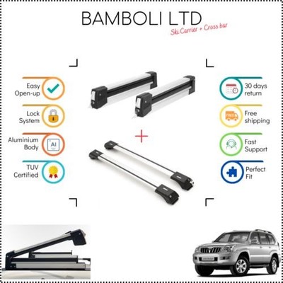 Bamboli 19'' Ski Carrier & Silver Cross Bar Set For Toyota Prado 120 04-09 4pcs
