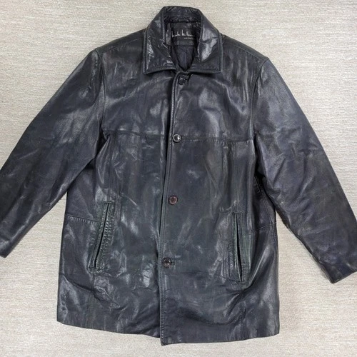 VTG Nicole Miller NYC Leather Coat Jacket Size L Mens Black Y2K Button Zip - product listing photo
