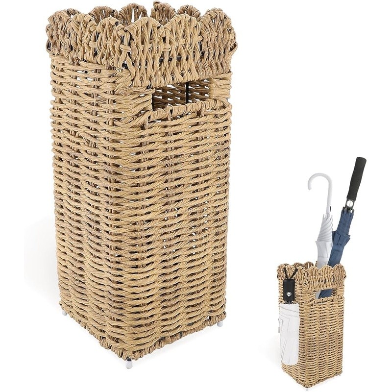 Scalloped Edge Rattan Umbrella Stand Indoor Storage Organizer Versatile Holder