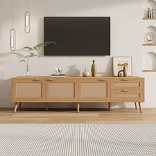 Modern TV Stand w/ Rattan Doors for TVs up to 80",Media Console w/ Storage Space