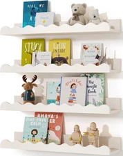 Kids' Bookshelf Set of 4 - White Floating Nursery Book Shelves, Picture Ledge Sh