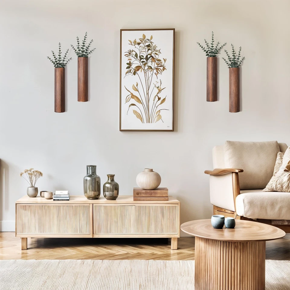 Pack de 4 jardineras de pared de madera con 20 piezas de eucalipto artificial, decoración de pared moderna... Foto 4 de 4