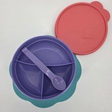 Tupperware Stay-Put Toddler Divided Bowl/Dish With Seal Lid  Spoon Vintage