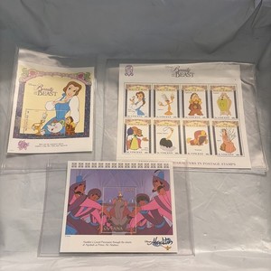 LOT OF DISNEY BEAUTY AND THE BEAST STAMPS- ALADDIN GUYANA WITH COA'S BOX1-6