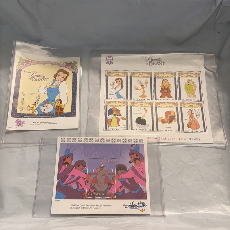 LOT OF DISNEY BEAUTY AND THE BEAST STAMPS- ALADDIN GUYANA WITH COA'S BOX1-6