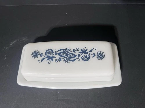 Vintage Pyrex Blue Onion Covered Butter Dish White Milk Glass w/ Lid