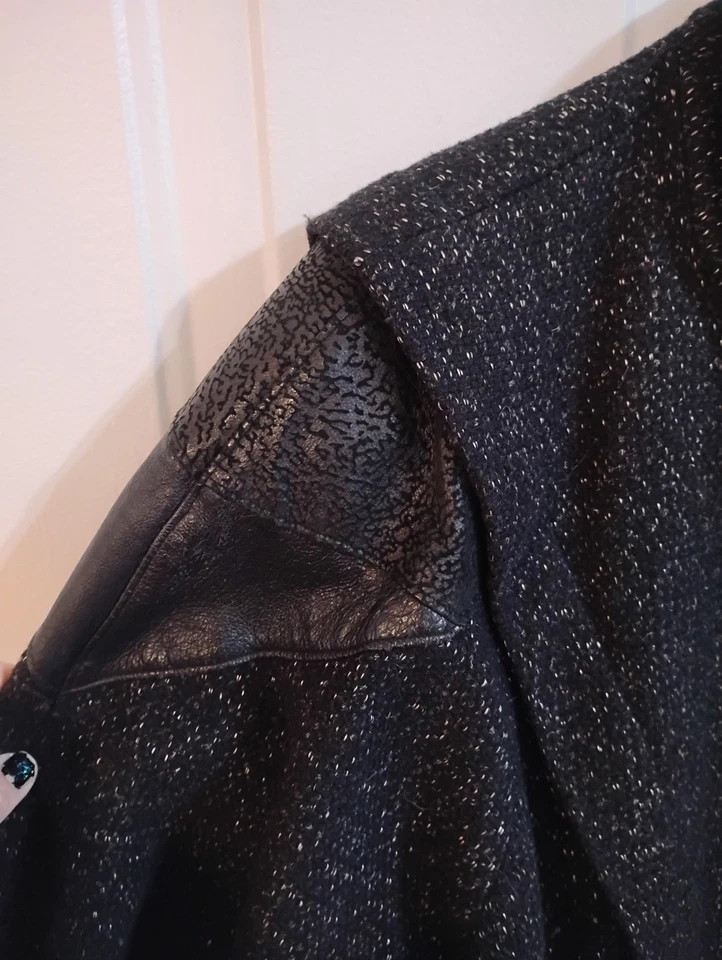 Abrigo para mujer talla grande vintage mezcla lana/acrílico cuero sobre hombros años 80 Foto 3 de 4