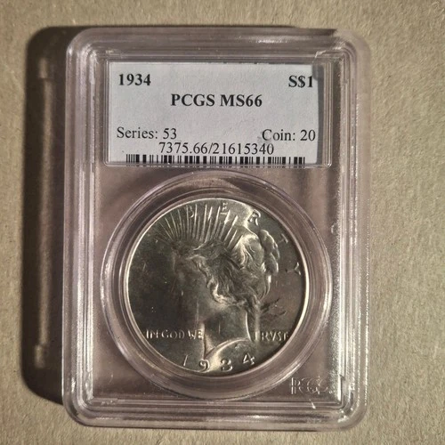 1934 Peace Silver Dollar $1 Coin - Certified PCGS MS66 - Bright Glow