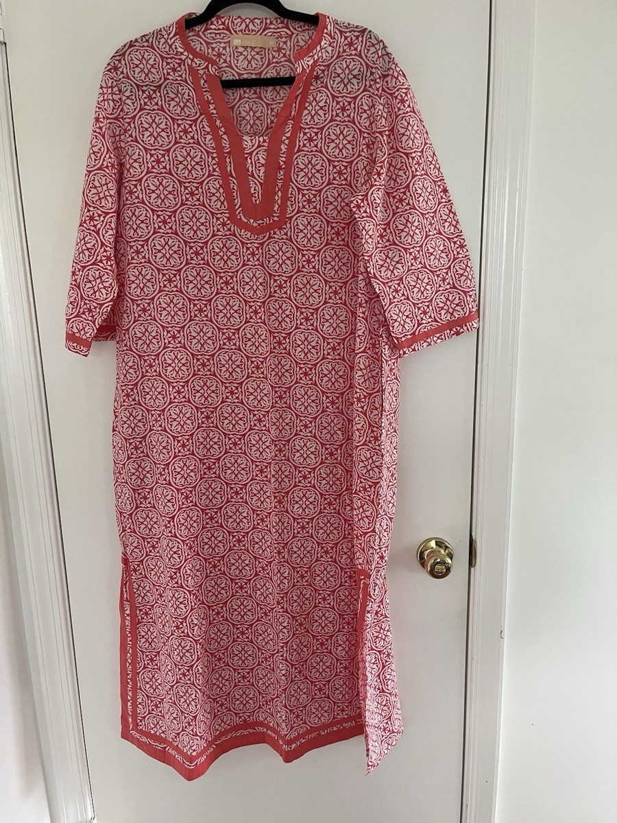 La Cera Woven Tile Print Caftan Sz M 100% Cotton Beach Dress with Side  Pockets