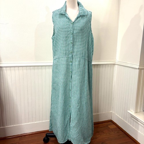 FLAX Design Size L Dress Maxi Jade Green Gingham 100% Linen Woven Sleeveless - Picture 1 of 13