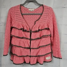 ODD MOLLY Pink Knit Crochet Cardigan Sweater Ruffles Frills 3/4 Sleeve Womens 3