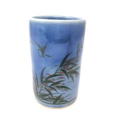 SIAM CELADON VASE Hand Painted Birds Leaves Blue Green Ash Glaze Art Pottery