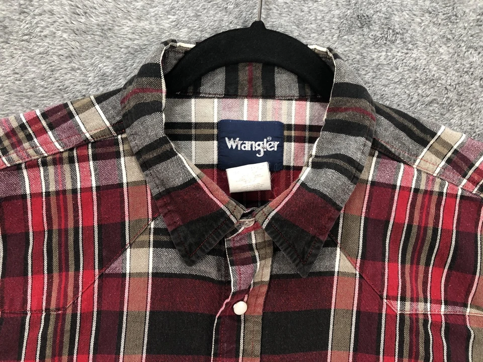 Wrangler Shirt Mens 2XL BIG Red Black Plaid Flannel Western Pearl Snap - Image 4 of 4