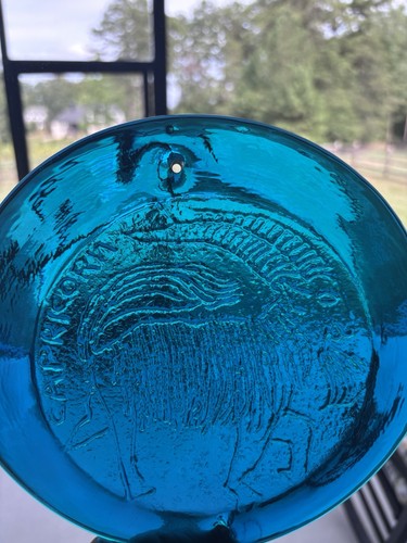 Blue Art Glass Capricorn Zodiac Suncatcher Disc.