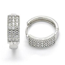 14K WHITE GOLD PLATED HUGGIE HOOP EARRING 20 X 20 X 6.6 MM/ 3 ROWS WHITE CZ M119